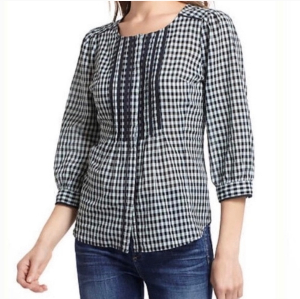 Meadow Rue Gingham 3/4 Sleeve Blouse Top